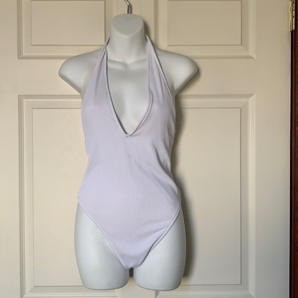 Aerie White Ribbed V Neck Deep Plunge Low Back Swimsuit